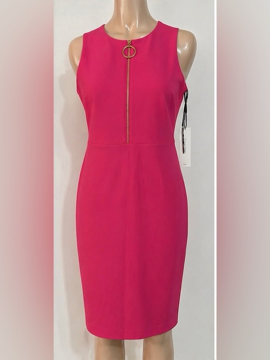 Calvin Klein Dresses & Skirts - Calvin Klein Hot Pink Midi Sheath Dress with Gold Ring Zip
